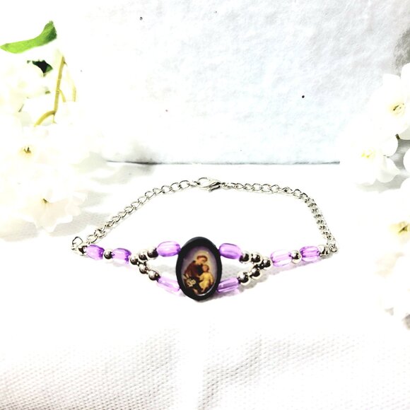 ✝️Purple Silver Beaded Oval Religious St.Anthony Pray For Us Devotional Bracelet - Picture 4 of 4